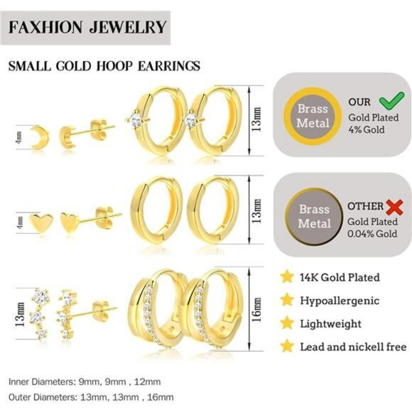 Gold Hoop Earrings Set 14K Plated Hypoallergenic Studs Multiple Piercings - Picture 5 of 7